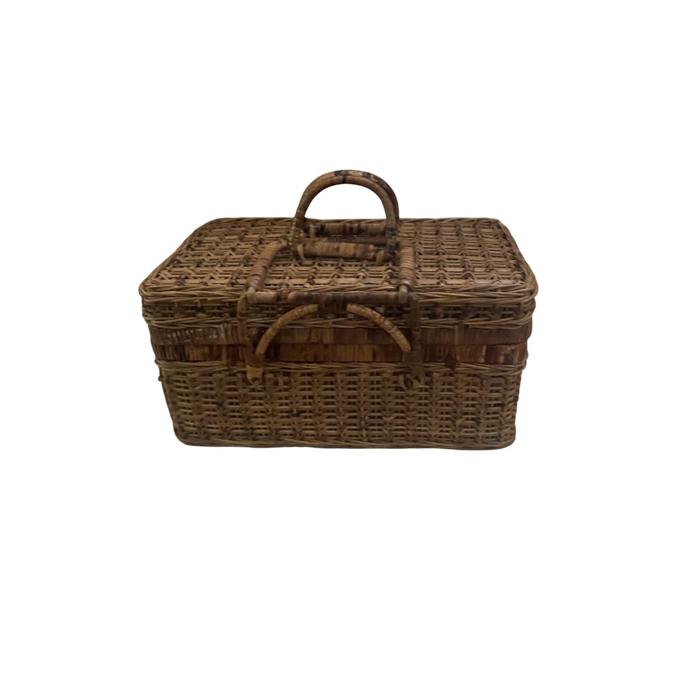 Vintage Woven Wicker Picnic Basket Rectangular Trunk with Handles Brown